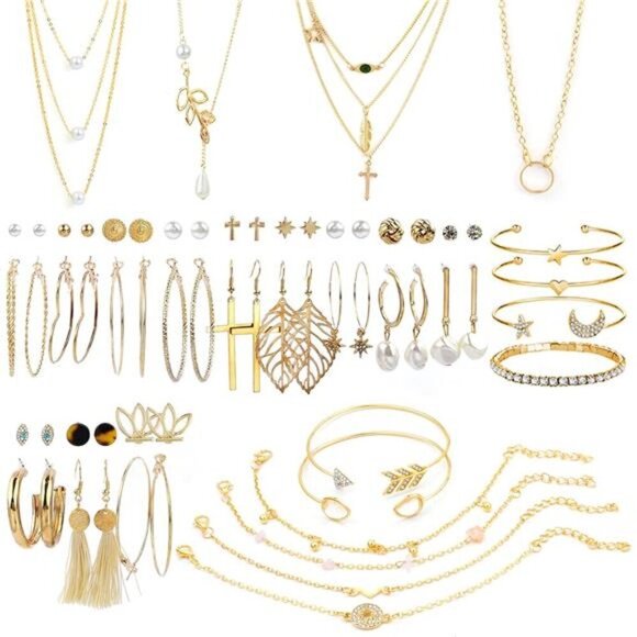 Gold Boho Jewelry Set - Collection with Necklaces, Earrings, Bracelets & Rings - Picture 1 of 7